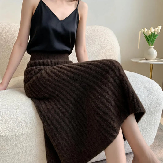 KARWomen Faux Mink Knit Pleated Midi Skirt High Waist Warm Fluffy A-Line Long Skirt Elegant Autumn Winter Solid Color Skirts 690