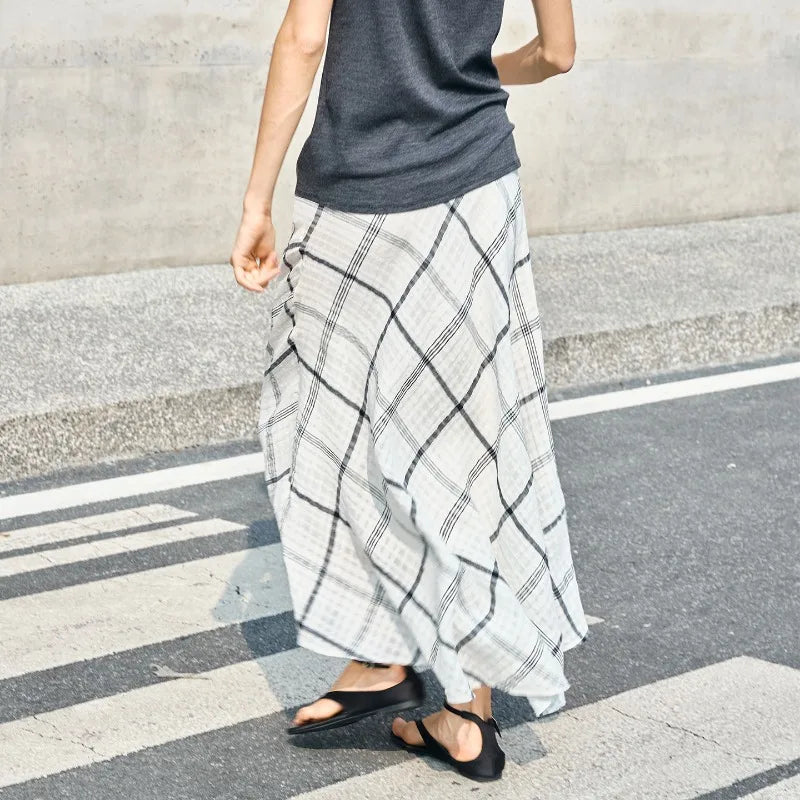 Women's Linen Plaid Long Skirt Summer New Casual Vacation Cotton Linen Skirt Asymmetrical Flowy Loose Ladies Midi Skirts