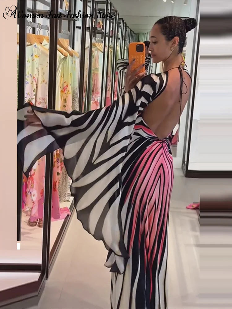 Printed Batwing Sleeve Halter Party Dress Women's Sexy Backless Full Sleeved Maxi Dresses 2026 Autumn Lady Evening Gown