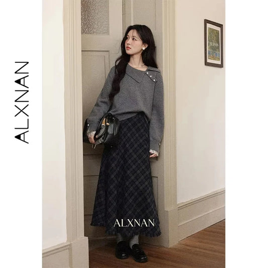 ALXNAN Gray Plaid Skirt High-waist Long A-line Checkered Fishtail Skirt Fall Casual Office Lady Elegant Tassel Skirts L57318