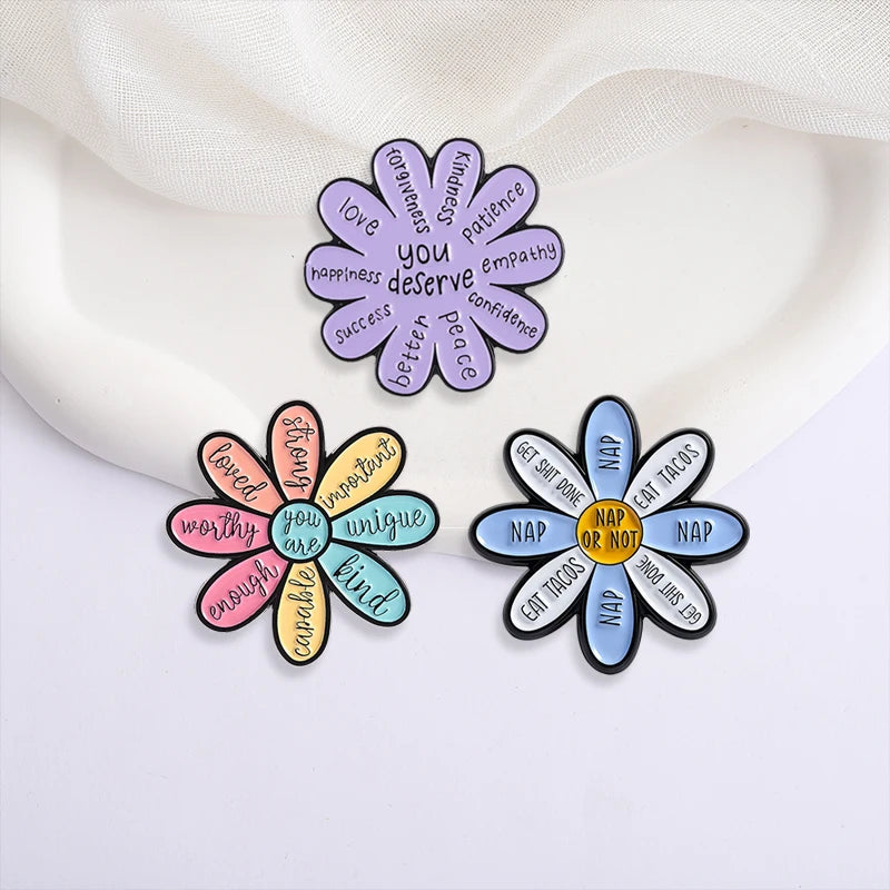 Motivational Flower Brooch Enamel Pins Encouraging Quotes You are Enough Worthy Strong Brooch Bag Clothes Badge Gift for Friends