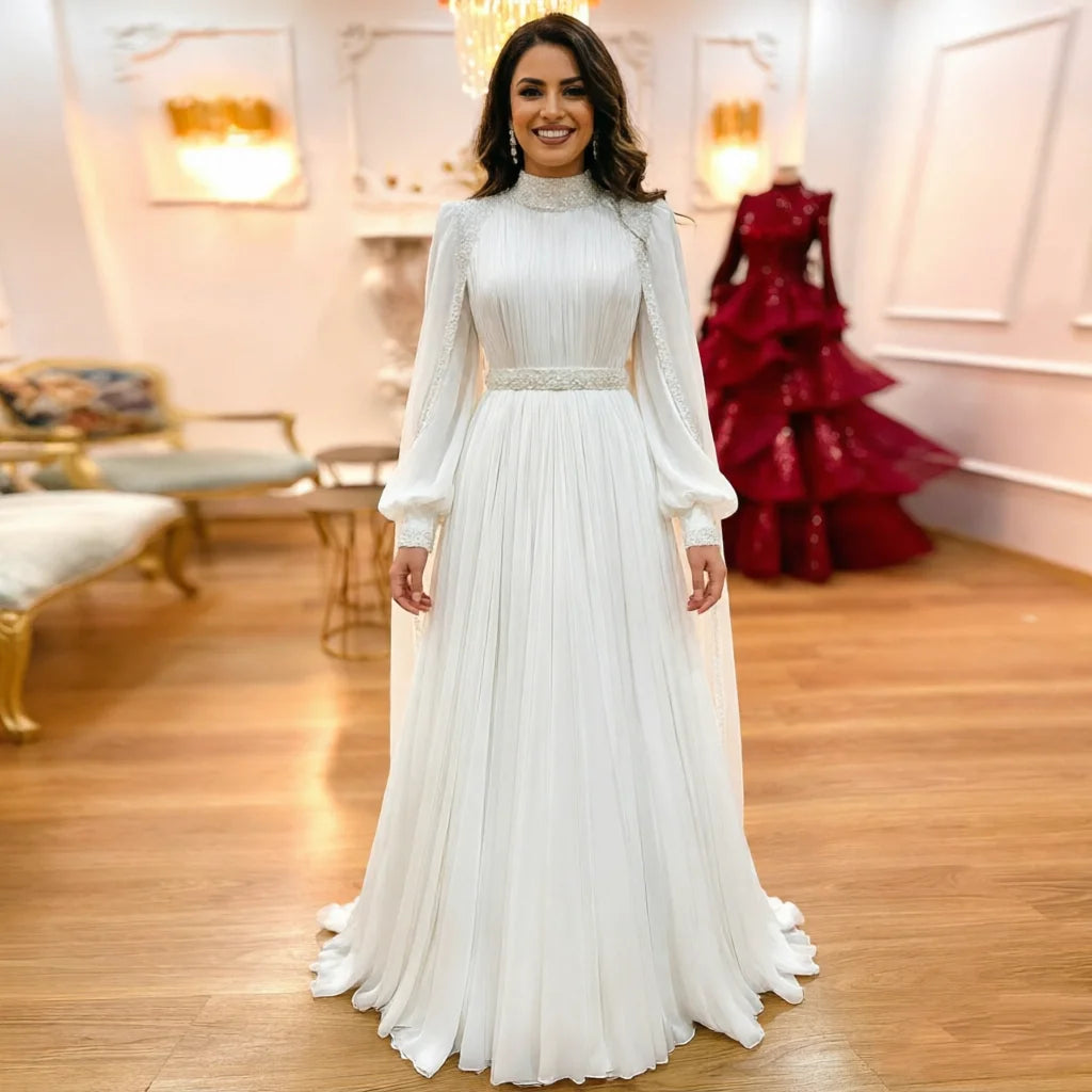 Eightale Arabic Wedding Dress High Neck Customized Ivory Bridal Gown Long Sleeves Muslim A-Line Sequin Bride Party Dress