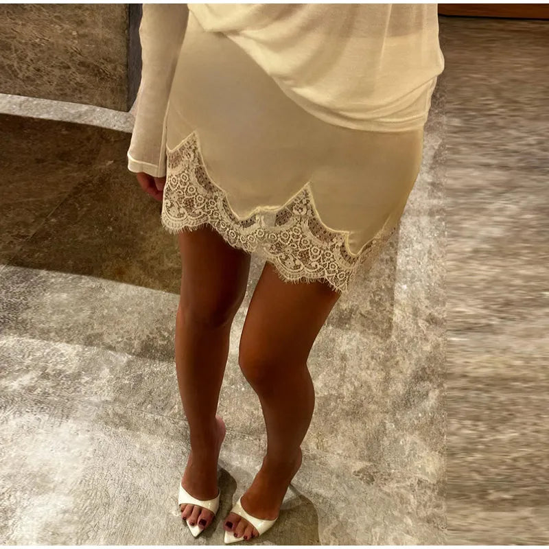 Elegant Women's Lace Satin Spliced Mini Skirt High Waist Short A-line Skirts Female 2025 Summer Autumn Lady Streetwear