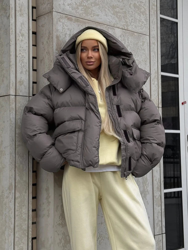 Casual Women's Puffy Hooded Cotton Coat Loose Long Sleeve Pockets Zipper Padded Coats 2026 Winter Lady Drawstring Warm Jackets