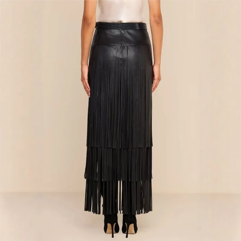 Women Faux Leather Maxi Skirt High Waist Tiered Fringe Long Skirt Fashion Side Split Tassel Skirt For Party Club Nightwear