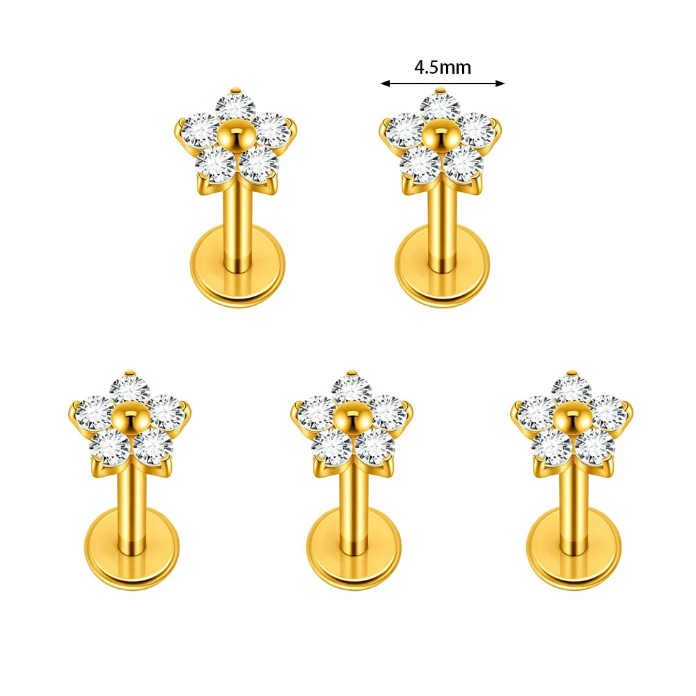 1/5PCS F136 Implant Titanium Earrings Stud,Trendy Flower Zirconia Cartilage Earrings,Tragus Conch Helix Piercing Jewelry