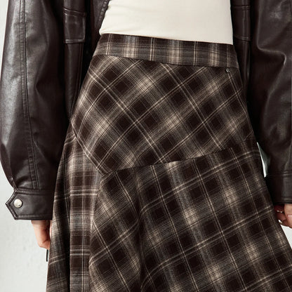 TOYOUTH Womens Midi Skirt 2026 Autumn New Brushed Plaid Irregular Nomadic Style Mid Length Skirt
