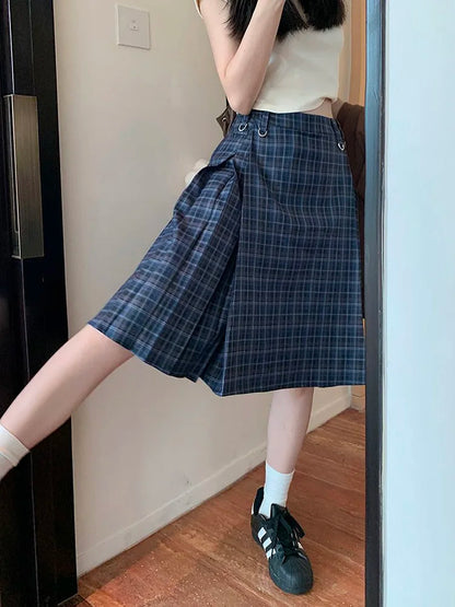 Spring Vintage Plaid Midi Skirt Women High Waist Preppy Style Slim Sweet Pleated Skirts Casual Retro Korean Ins A Line Skirt New