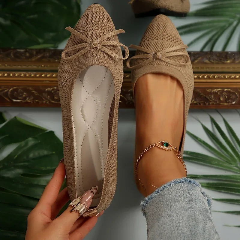 Pointed Bow Flying Flat Shoes Women's 2025 New Summer Casual Bean Shoes Knitted Soft Sole Knitted Women's Shoes Large Size 43