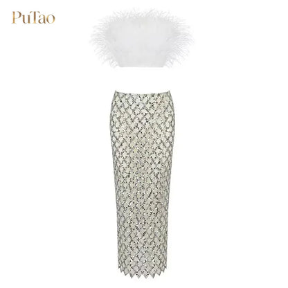 PuTao 2 Piece Formal Outfit White Feather Strapless Crop Top Sequin Mesh Midi Skirt Set Evening Birthday Cocktail Dresess