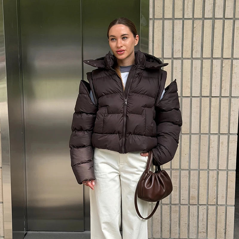 Detachable Sleeves Padded Coats Women's Hooded Zipper Pockets Stand Collar Thicken Jackets 2026 New Ladies Winter Solid Outwear