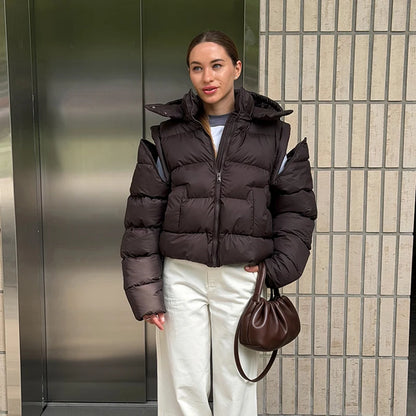 Detachable Sleeves Padded Coats Women's Hooded Zipper Pockets Stand Collar Thicken Jackets 2026 New Ladies Winter Solid Outwear