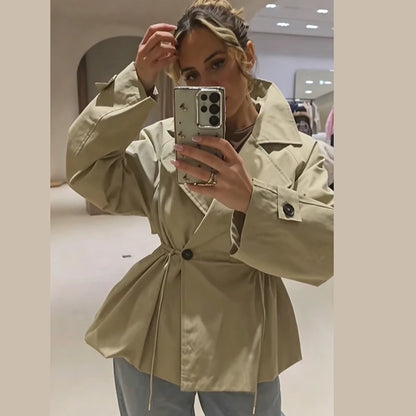Women's Khaki Short Trench Coat Chic Lapel Collar Single Button Drawstring Waist Adjustable Oversized Jacket Commuting Outerwear