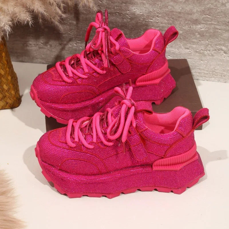 Full Diamond Fashion Sneakers Spring and Autumn New Round Toe Lace-up Platform Non-slip Single Shoes
