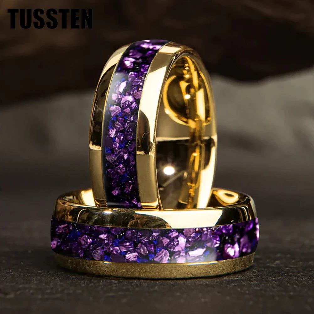 TUSSTEN 4/6/8MM Men's and Women's Wedding Tungsten Ring Galaxy Orion Nebula And Purple Crystal Stone Inlaid Comfortable Fit