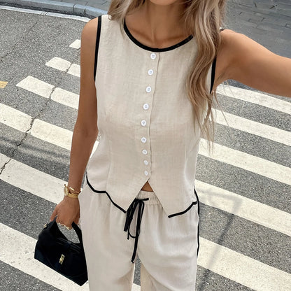 2026 Summer Female Vest Pants Set Solid Sleeveless V-Neck Top High Waist Casual Loose Pant Two-piece Set Office Lady Suit Street