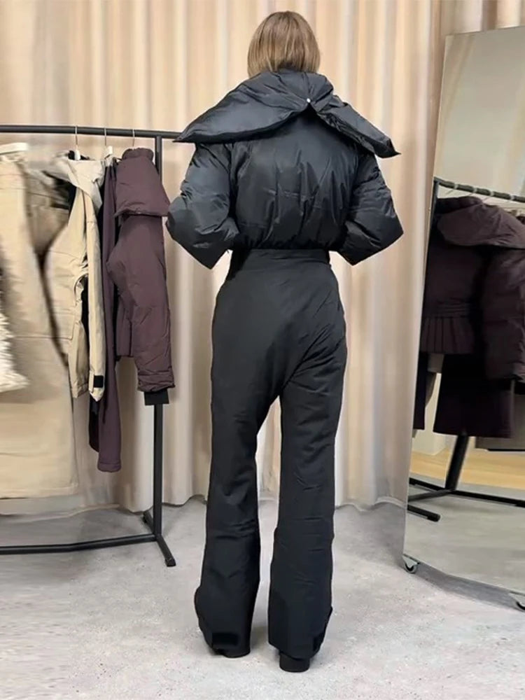 Fashion Hooded Women's Skiwear Jumpsuits Stand Collar Zipper Long Sleeve High Waist Cotton Jumpsuit 2026 Winter Warm Romper