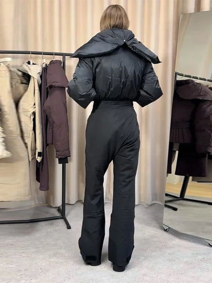 Fashion Hooded Women's Skiwear Jumpsuits Stand Collar Zipper Long Sleeve High Waist Cotton Jumpsuit 2026 Winter Warm Romper