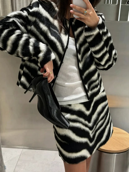 Vintage Women's Zebra Printed Short Jacket Skirt Set O-neck Long Sleeve Buckle Coats Mini A-line Skirts 2026 Autumn Lady Suit