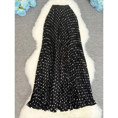 Polka Dot Print High Elegant A-line Pleated Long Skirt For Women 2025 Spring autumn Office Lady Casual Leopard Skirts