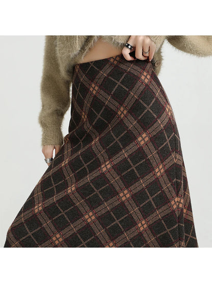 2025 Autumn Winter Women Korean Fashion A-line Plaid High Waist Midi Skirt Vintage Design Shoujo Preppy Style Tassel Trendy New
