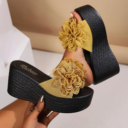 Women Wedges Slippers 2024 New Summer Beach Platform Sandals Fashion Flower Slippers Women High Heel Slippers Slides Women