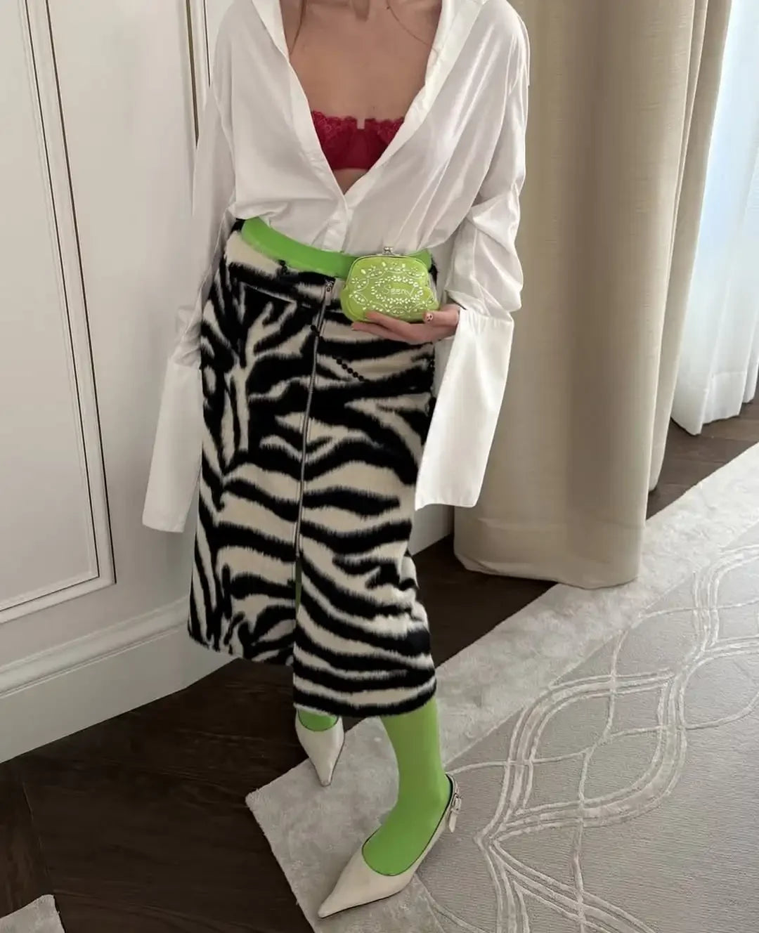 Women's Zebra Print Midi Skirt High Front Zipper Split Faux Wool Blend Skirts 2026 new Autumn Casual Daily Streetwear Plush Fall
