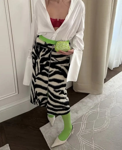 Women's Zebra Print Midi Skirt High Front Zipper Split Faux Wool Blend Skirts 2026 new Autumn Casual Daily Streetwear Plush Fall