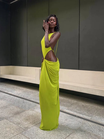 Women Sexy Soilid Hollow-out Maxi Dress Fashion Sleeveless Backless Pleated Slim Female Dresses Summer 2026 Party Evening Robe