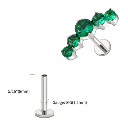 Right Grand ASTM F136 Titanium 16G CZ Cluster Flat Back Labret Stud Curved CZ Bar Climber Earring Helix Cartilage Stud Piercing