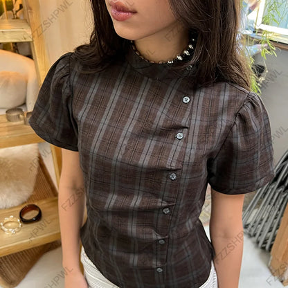 Harajuku Streak Graphic Print Punk T-shirt Women Slim Fashion Button Y2K Shirt Casual Aesthetics O-Neck Short Sleeve Top