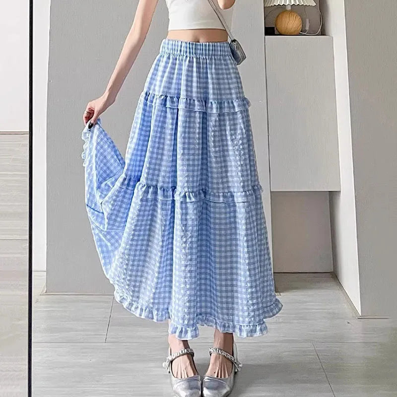 Spring Women Skirts Summer Casual Plaid Midi Skirts for Women Autumn High Waist A-line Cake Skirts Female College Girls Clothing