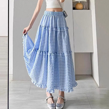Spring Women Skirts Summer Casual Plaid Midi Skirts for Women Autumn High Waist A-line Cake Skirts Female College Girls Clothing
