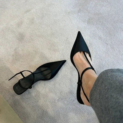 Pointed Fabric Low Heeled Sandals for Women in Summer, Solid Color with Toe Cover and Back Empty,Casual Sandals for Women