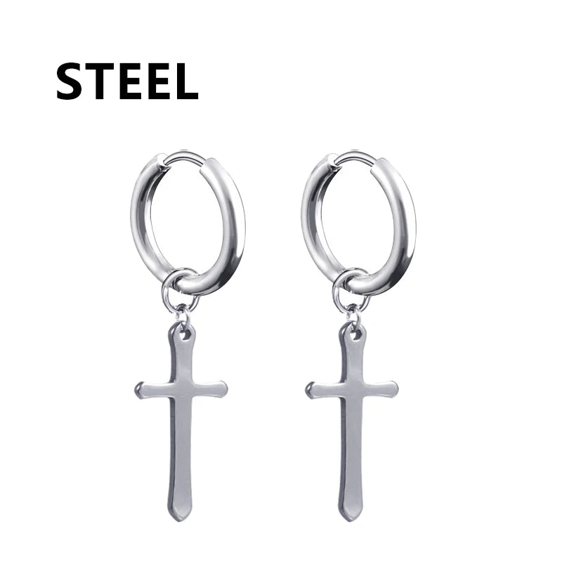 2PC Punk stainless steel Small Hoop Earrings for Men and Women Gothic Cross Ear Ring Pop Hip Hop Piercing Ear studs Jewelry