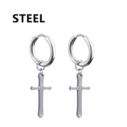 2PC Punk stainless steel Small Hoop Earrings for Men and Women Gothic Cross Ear Ring Pop Hip Hop Piercing Ear studs Jewelry