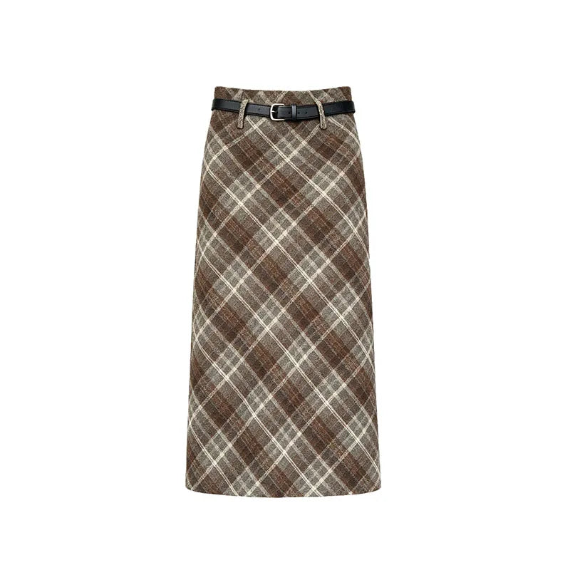 Plaid Woolen Skirts Women New Fashion 2026 Autumn Winter High Waisted Straight Midi Skirts Woman Preppy Style Retro Long Skirt