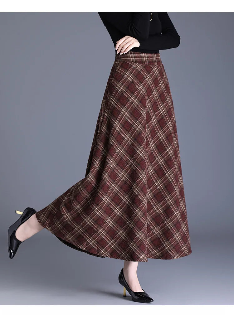 Fairyshely 2026 Winter Brown Plaid Woolen Long Skirt Women Autumn Warm High Waist Midi Skirt Ladies Elegant Thick Pleated Skirt