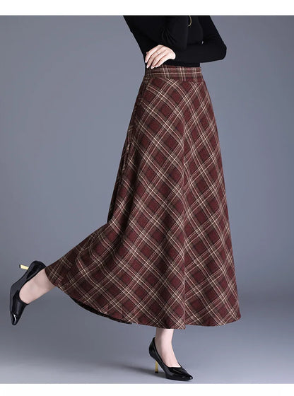 Fairyshely 2026 Winter Brown Plaid Woolen Long Skirt Women Autumn Warm High Waist Midi Skirt Ladies Elegant Thick Pleated Skirt