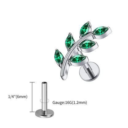 Right Grand ASTM F136 Titanium 16G Marquise CZ Leaves Stud Earring Leaf Shaped Helix Cartilage Conch Flat Back Piercing Jewelry