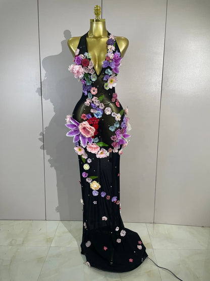 Sexy Halter Mesh See Through Long Dress Women Sparkly Diamonds 3D Flower Evening Party Birthday Photoshoot Nightclub Stage Wear