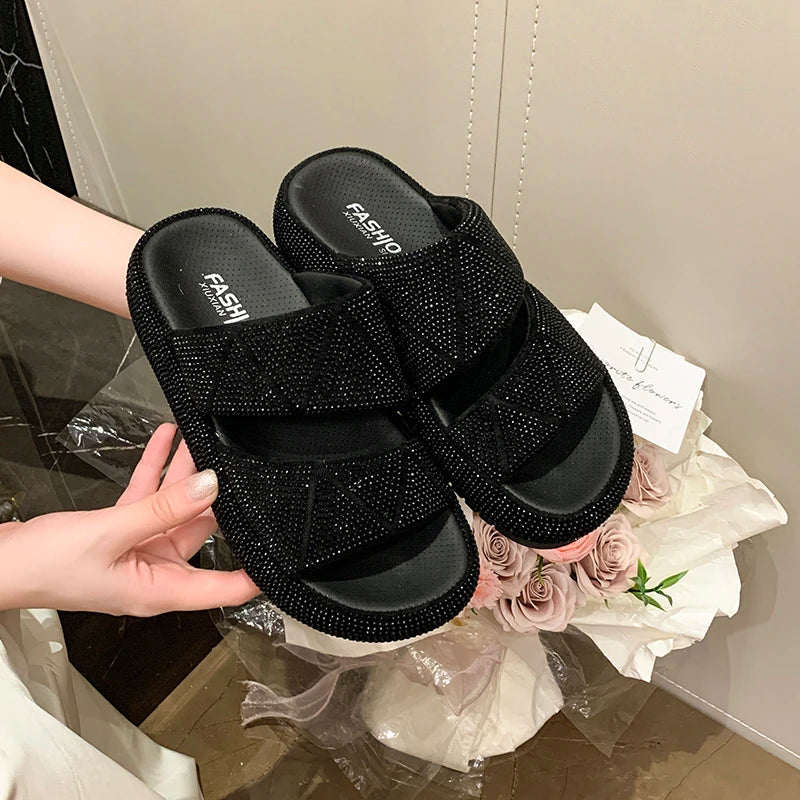 Fashion Flat Sandals Summer New Round Head Open Toe Crystal with Waterproof Table Anti-slip Wear-resistant Slippers