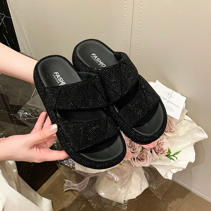 Fashion Flat Sandals Summer New Round Head Open Toe Crystal with Waterproof Table Anti-slip Wear-resistant Slippers