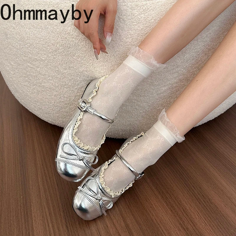 Spring Lace Women Flats Mary Jane Shoes Round Toe Shallow Ladies Casual Ballet Style Shoes Soft Leather Eelgant Dress Shoes