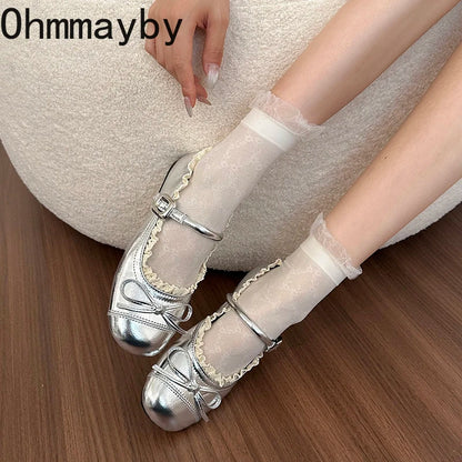 Spring Lace Women Flats Mary Jane Shoes Round Toe Shallow Ladies Casual Ballet Style Shoes Soft Leather Eelgant Dress Shoes