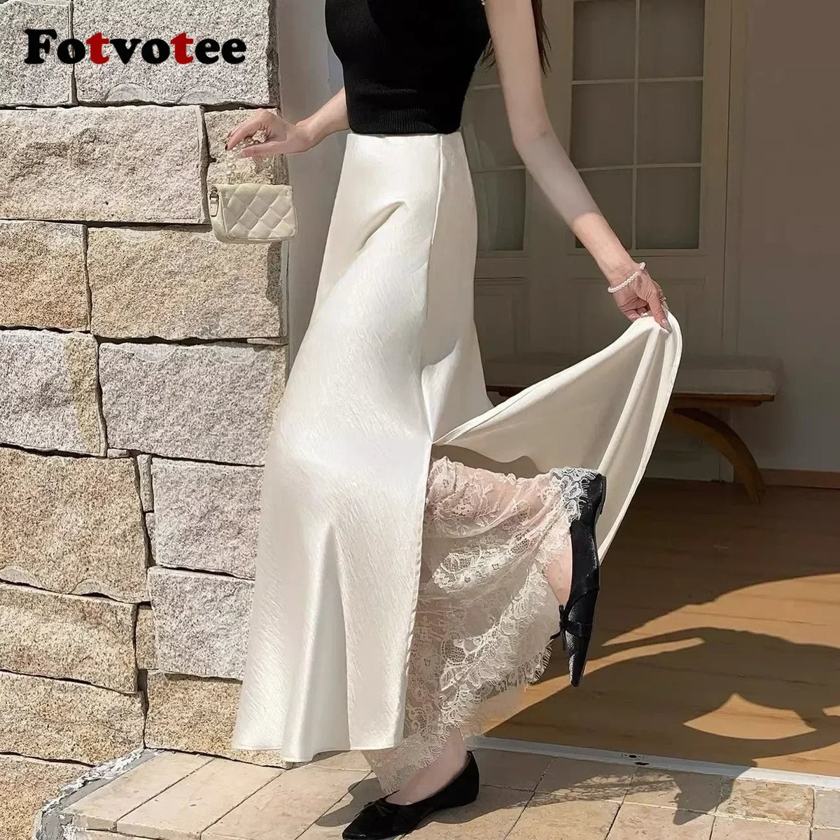 FOTVOTEE Elegant Satin Fish Tail Half Skirt High Waist Lace Splice Side Slit Draping Long Women's Skirt Slimming Party Midi Skin