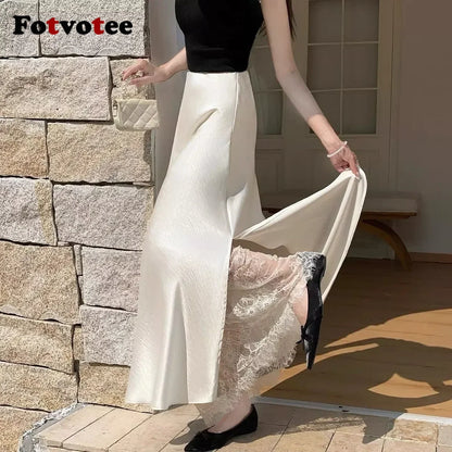 FOTVOTEE Elegant Satin Fish Tail Half Skirt High Waist Lace Splice Side Slit Draping Long Women's Skirt Slimming Party Midi Skin