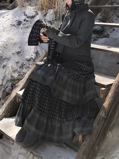 Japanese Style Vintage Puffy Cake Skirt Women Sweet Plaid Patchwork Ruched A-line Midi Skirts Harajuku Aesthetic Casual Clothing
