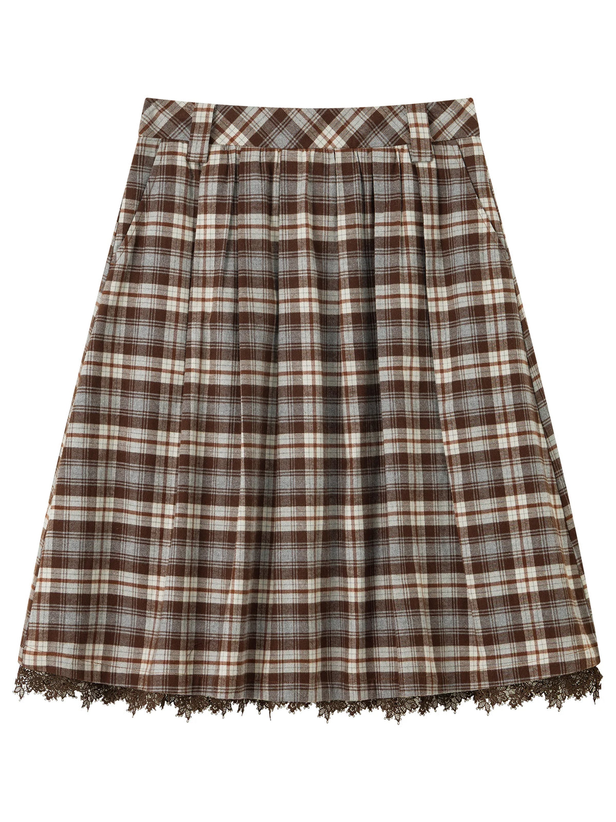 FSLE 2026 Fall Winter Women's Elegant Vintage Lace Preppy Plaid High Waist Flattering A-Line Midi Skirt - Chic for Daily Wear