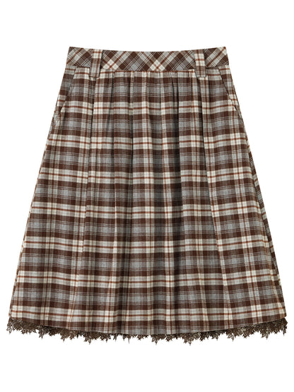 FSLE 2026 Fall Winter Women's Elegant Vintage Lace Preppy Plaid High Waist Flattering A-Line Midi Skirt - Chic for Daily Wear